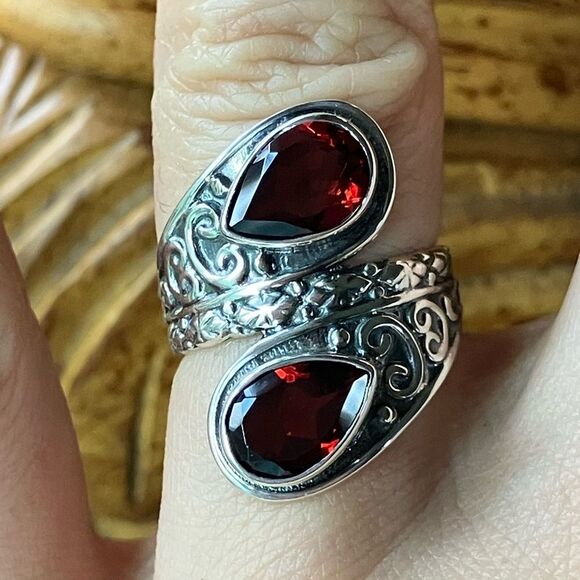 Natural Red Garnet Sterling Silver Bypass Ring Size 5.75 - Picture 1 of 9